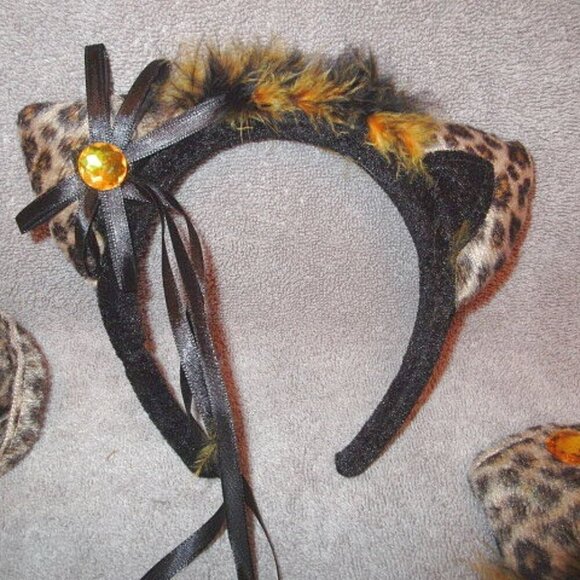 5 Piece Plush Leopard Kitty Cat Costume Headband Cuffs Tail Choker Cosplay - Picture 2 of 6